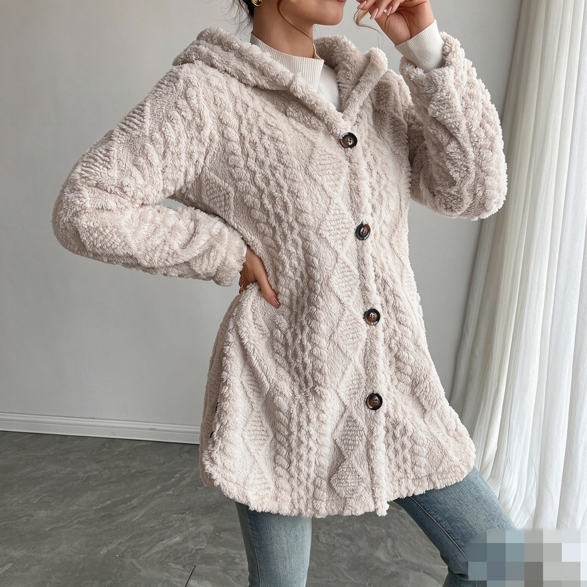 Women's Solid Color Fuzzy Hooded Coat