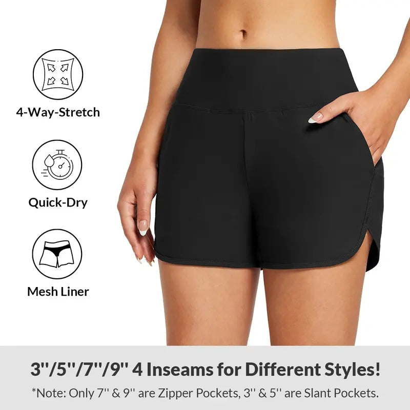 Women's High Waisted Quick Dry Swim Shorts with Zipper Pockets