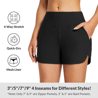 Women's High Waisted Quick Dry Swim Shorts with Zipper Pockets