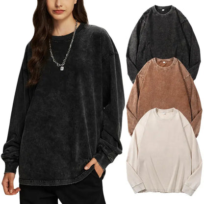 Unisex Vintage Washed Heavyweight Soft Breathable Cotton Long Sleeve T-Shirt