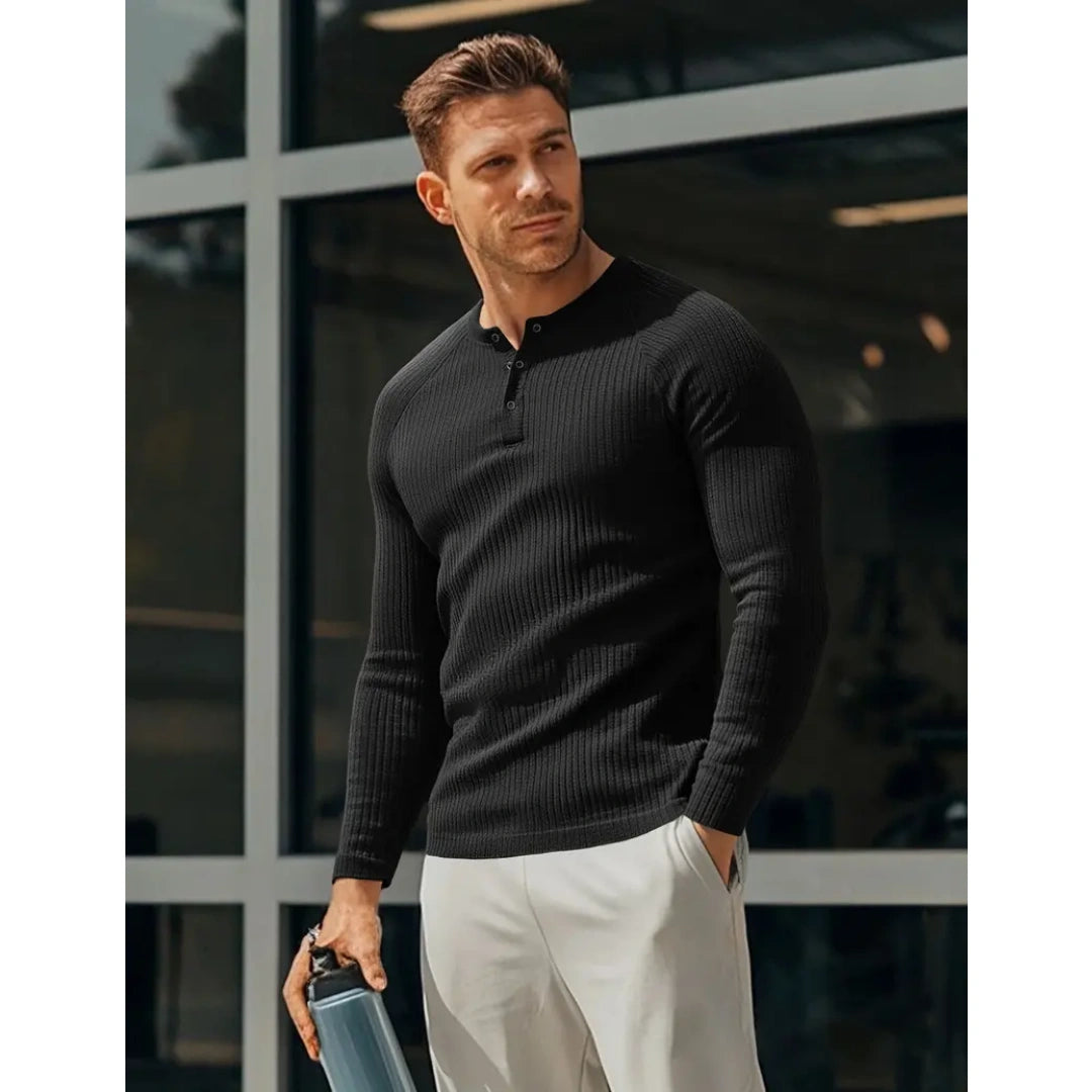 Men's Ribbed Slim Fit Long Sleeve Henley Shirt - Fitted Cotton Knit Basics Top