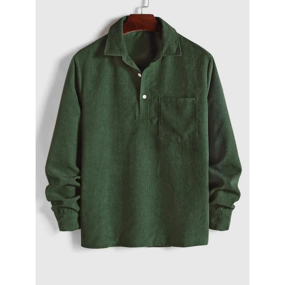 Men's Plain Pocket Half Button Corduroy Shirt
