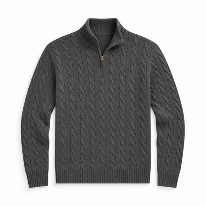 Men’s Cable Knit Quarter Zip Sweater, Classic Long Sleeve Pullover with Ribbed Collar