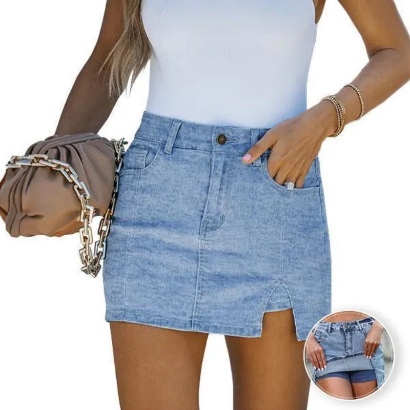Women’s High Waisted Stretch Denim Skort for Women – Mini Jean Skirt with Built-In Shorts & Side Slit