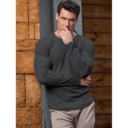 Men's slim-fit V-neck ribbed long-sleeved stretch T-shirt