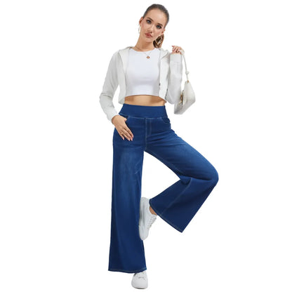 🔥Women's High-Waisted Washed Baggy Wide-Leg Stretchy Knit Jeans with Multiple Pockets – Comfortable Casual Denim