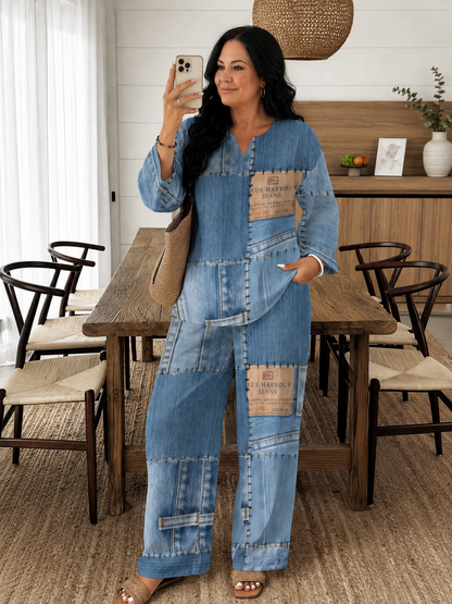Women's Plus Size Faux Denim Patchwork Print 2-Piece