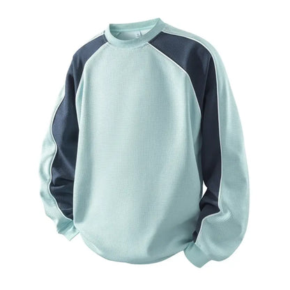 Men’s Waffle Knit Color Block Sweatshirt – Relaxed Fit Crewneck Long Sleeve Pullover