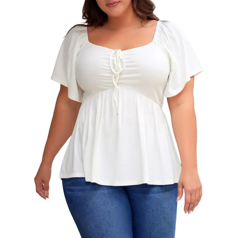 Eytino Women Plus Size Sweetheart Neck Short Sleeve Shirred Peplum Rib Blouse Tops Shirts(1X-5X)