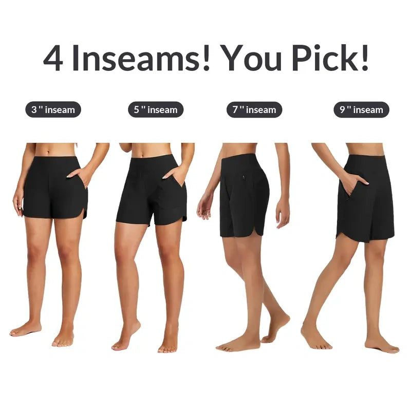 Women's High Waisted Quick Dry Swim Shorts with Zipper Pockets