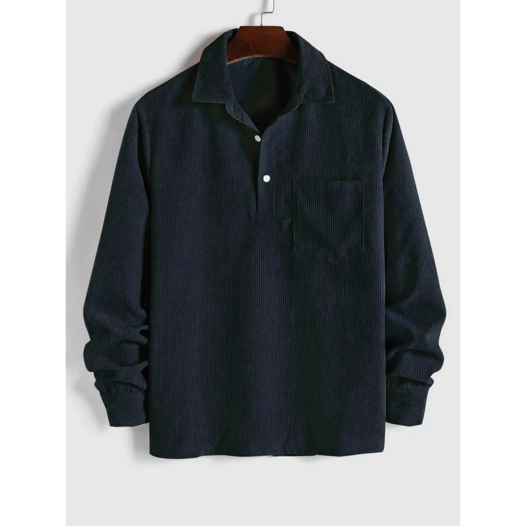 Men's Plain Pocket Half Button Corduroy Shirt
