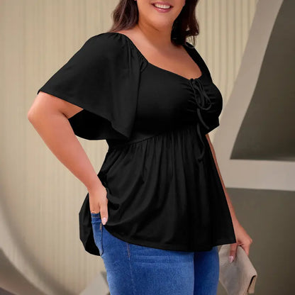Eytino Women Plus Size Sweetheart Neck Short Sleeve Shirred Peplum Rib Blouse Tops Shirts(1X-5X)