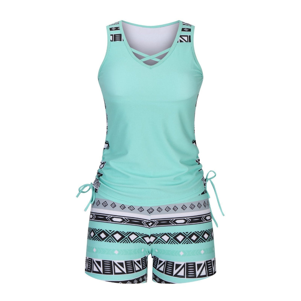 ⏰LAST DAY 90% OFF - Women's 2-Piece Tummy Control Tankini Set with Built-In Bra – Flattering Boho Swimwear with Shorts