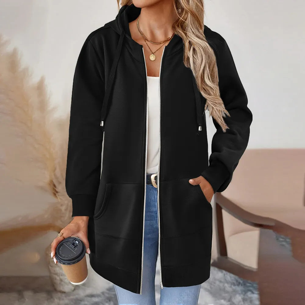 Women Zip Up Fleece Tunic Sweatshirt Long Hoodie