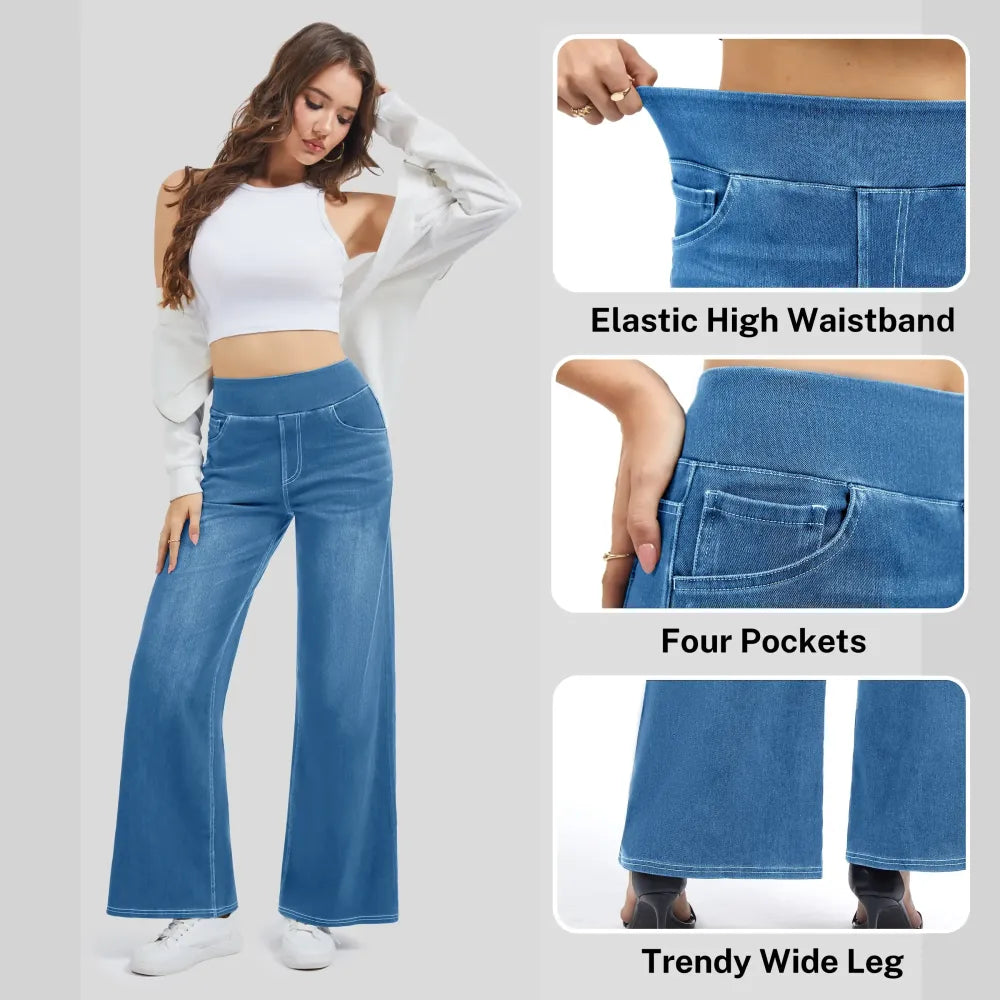 🔥Women's High-Waisted Washed Baggy Wide-Leg Stretchy Knit Jeans with Multiple Pockets – Comfortable Casual Denim