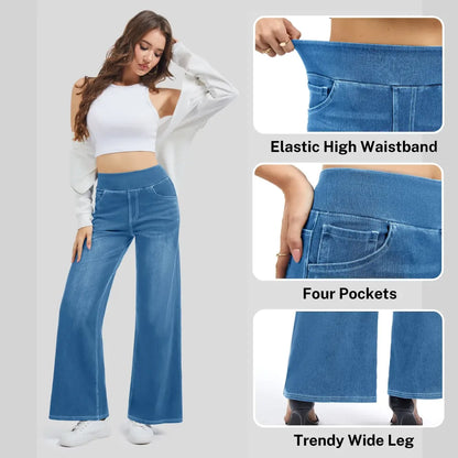 🔥Women's High-Waisted Washed Baggy Wide-Leg Stretchy Knit Jeans with Multiple Pockets – Comfortable Casual Denim