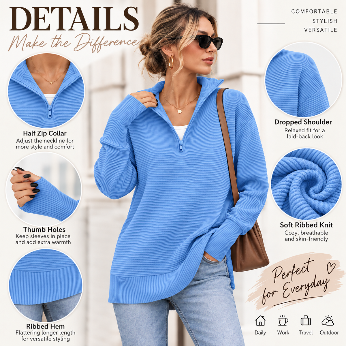 Women’s Ribbed Half-Zip Tunic Sweater – Relaxed Fit Long Sleeve Pullover
