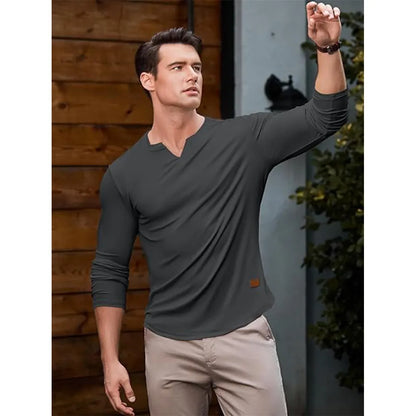Men's slim-fit V-neck ribbed long-sleeved stretch T-shirt