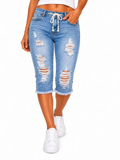 Fashion Distressed Ripped Capri Jeans Plus Size Casual High-Waisted Drawstring Waist Denim Cropped Pants + Lace cutout top