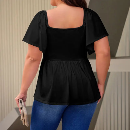 Eytino Women Plus Size Sweetheart Neck Short Sleeve Shirred Peplum Rib Blouse Tops Shirts(1X-5X)