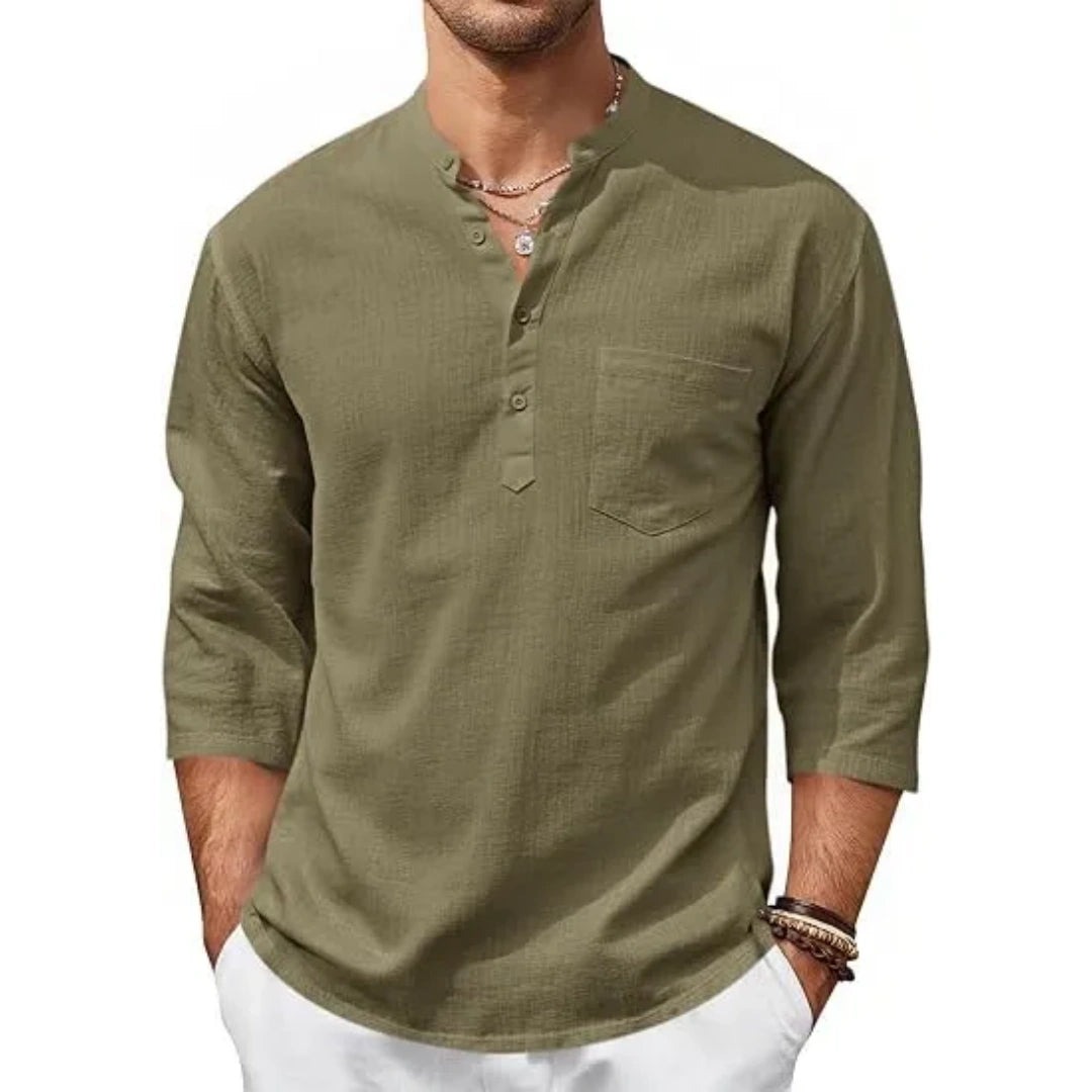 Men’s Lightweight Linen Henley Shirt –  3/4 Sleeve Casual Top with Pocket
