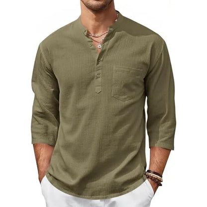 Men’s Lightweight Linen Henley Shirt –  3/4 Sleeve Casual Top with Pocket