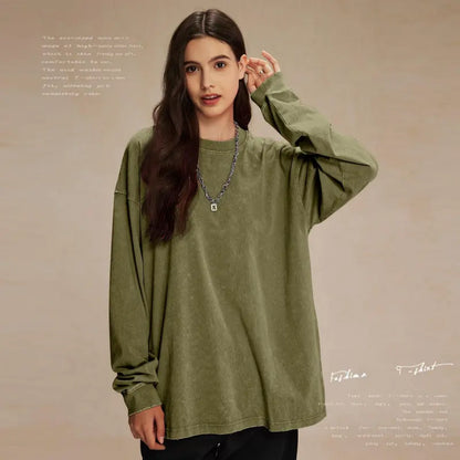 Unisex Vintage Washed Heavyweight Soft Breathable Cotton Long Sleeve T-Shirt