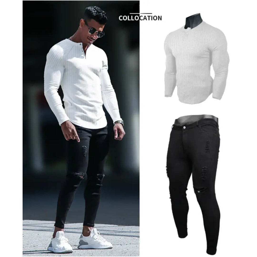 Men's Ribbed Slim Fit Long Sleeve Henley Shirt - Fitted Cotton Knit Basics Top