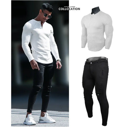 Men's Ribbed Slim Fit Long Sleeve Henley Shirt - Fitted Cotton Knit Basics Top