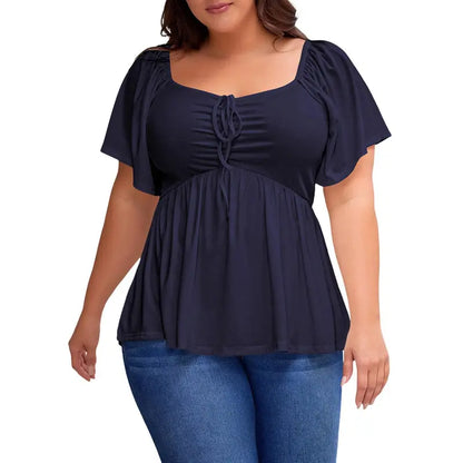 Eytino Women Plus Size Sweetheart Neck Short Sleeve Shirred Peplum Rib Blouse Tops Shirts(1X-5X)