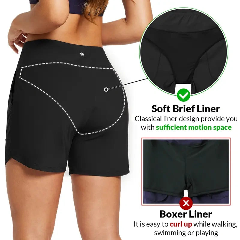 Women's High Waisted Quick Dry Swim Shorts with Zipper Pockets