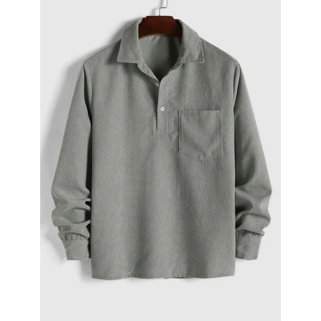 Men's Plain Pocket Half Button Corduroy Shirt