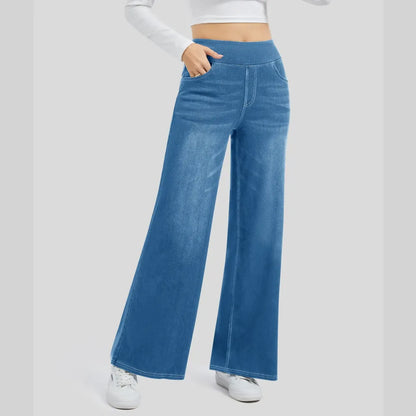 🔥Women's High-Waisted Washed Baggy Wide-Leg Stretchy Knit Jeans with Multiple Pockets – Comfortable Casual Denim