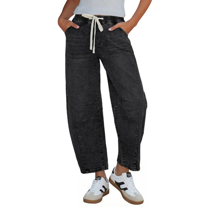 Barrel Jeans for Women High Waisted Cropped Wide Leg Stretch Denim Pants