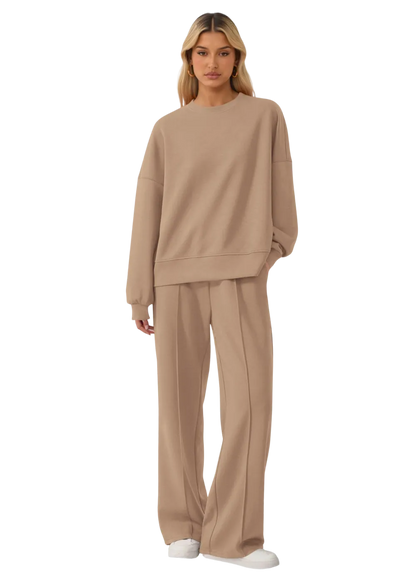 Women's Cozy Round Neck Top & Wide Leg Trousers Two Piece Outfits