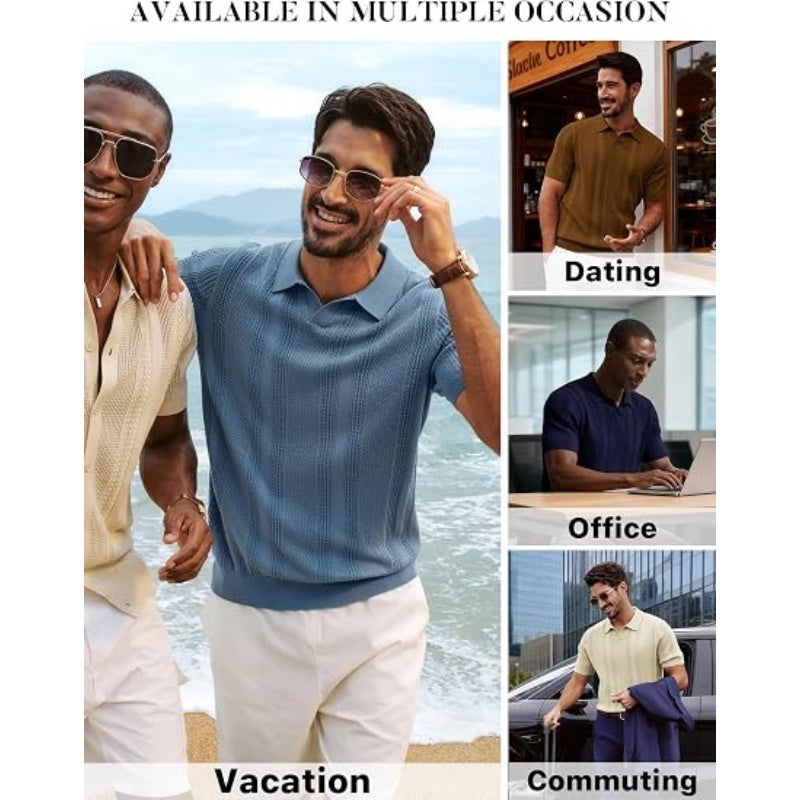 Mens Knit Polo Shirts V Neck Short Sleeve