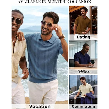 Mens Knit Polo Shirts V Neck Short Sleeve