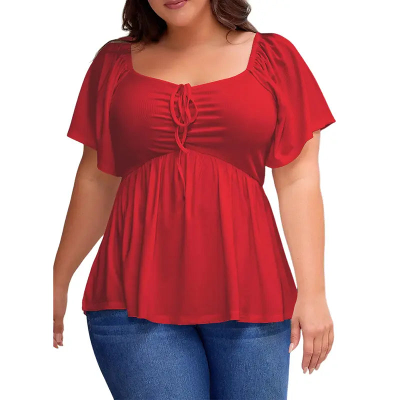 Eytino Women Plus Size Sweetheart Neck Short Sleeve Shirred Peplum Rib Blouse Tops Shirts(1X-5X)