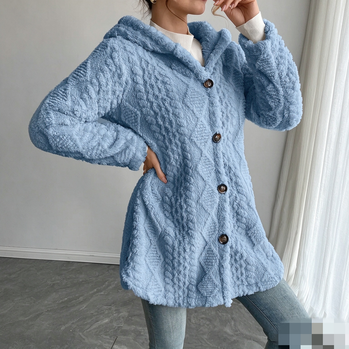 Women's Solid Color Fuzzy Hooded Coat