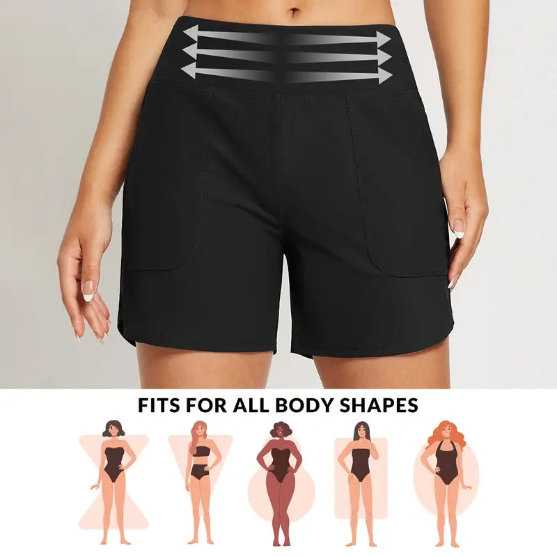 Women's High Waisted Quick Dry Swim Shorts with Zipper Pockets