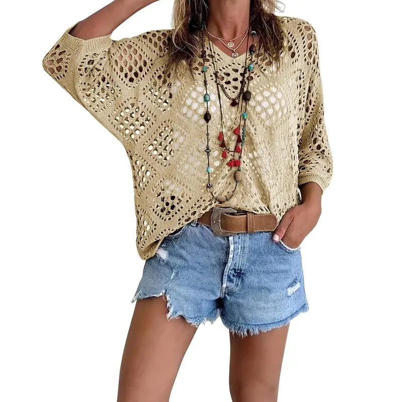 Women's Boho Crochet V-Neck Top