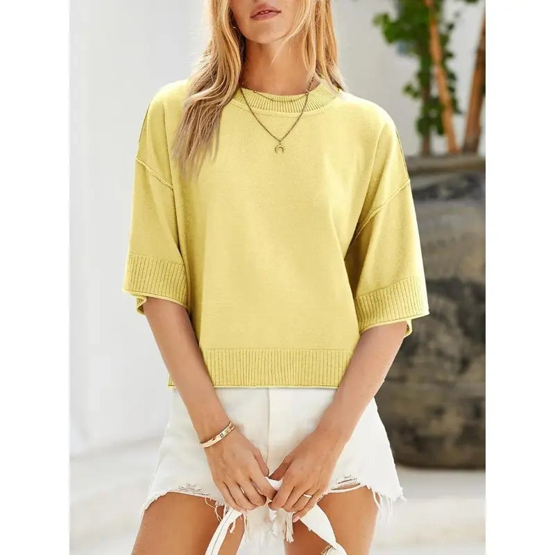 Women's Short Sleeve Oversized Cropped Baggy Loose Basic Round Neck Lightweight Knit Top