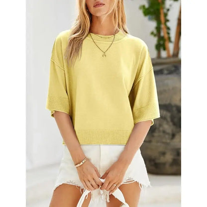 Women's Short Sleeve Oversized Cropped Baggy Loose Basic Round Neck Lightweight Knit Top