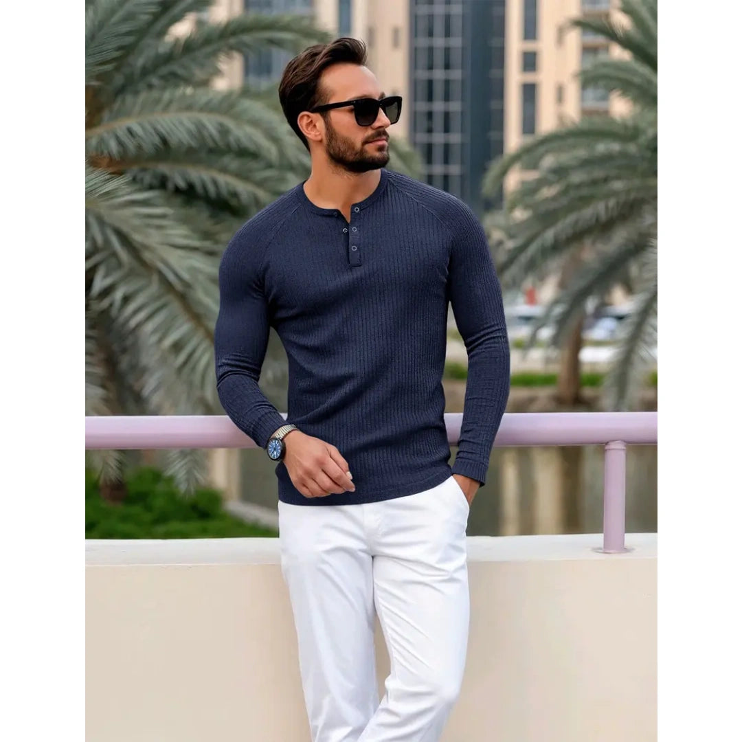 Men's Ribbed Slim Fit Long Sleeve Henley Shirt - Fitted Cotton Knit Basics Top
