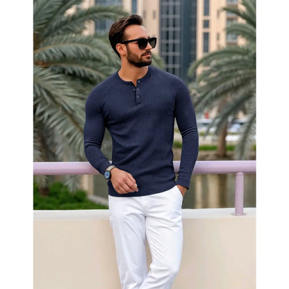Men's Ribbed Slim Fit Long Sleeve Henley Shirt - Fitted Cotton Knit Basics Top