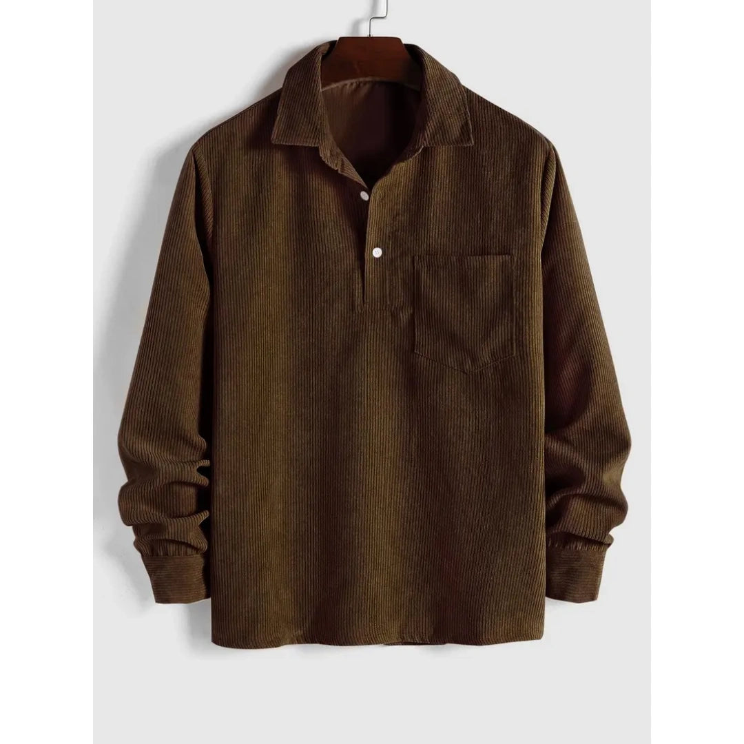 Men's Plain Pocket Half Button Corduroy Shirt