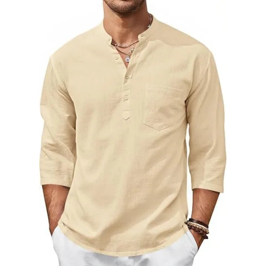 Men’s Lightweight Linen Henley Shirt –  3/4 Sleeve Casual Top with Pocket