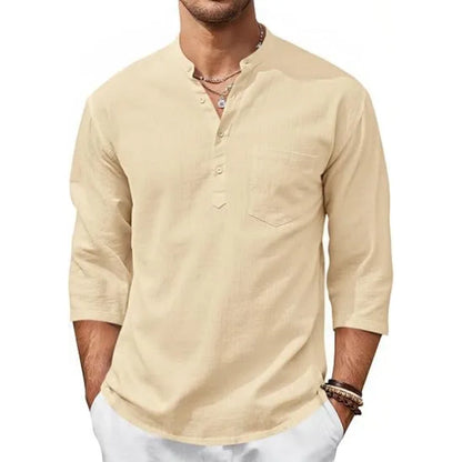 Men’s Lightweight Linen Henley Shirt –  3/4 Sleeve Casual Top with Pocket