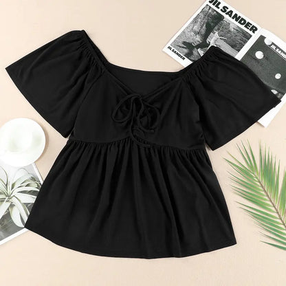 Eytino Women Plus Size Sweetheart Neck Short Sleeve Shirred Peplum Rib Blouse Tops Shirts(1X-5X)