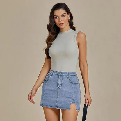 Women’s High Waisted Stretch Denim Skort for Women – Mini Jean Skirt with Built-In Shorts & Side Slit